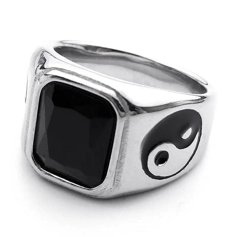 Bague Yin-Yang: Cristal Vintage (Acier Inoxydable) - Noir