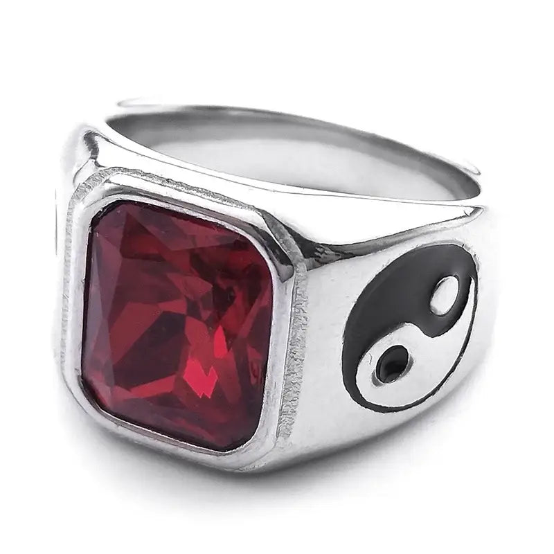 Bague Yin-Yang: Cristal Vintage (Acier Inoxydable) - Rouge