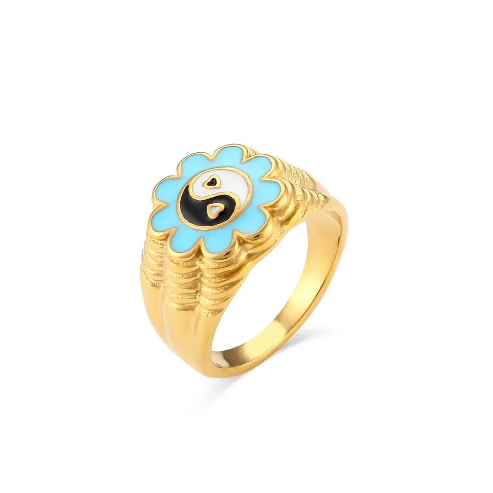 Bague Yin-Yang: Épanouissement Équilibré (Acier) - Bleu / 52