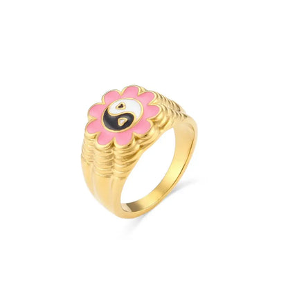 Bague Yin-Yang: Épanouissement Équilibré (Acier) - Rose / 52