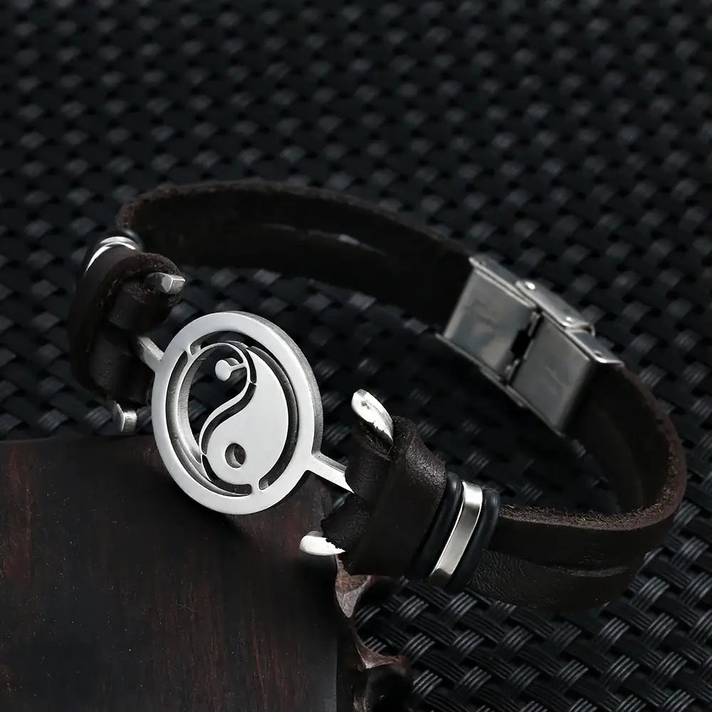 Bracelet Yin-Yang: Force et Sérénité (Cuir Véritable)