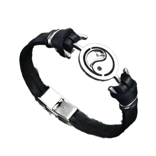 Bracelet Yin-Yang: Force et Sérénité (Cuir Véritable) - Noir