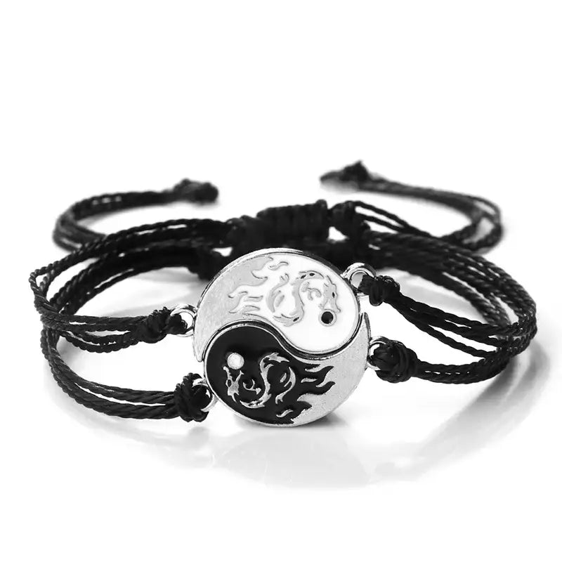 Bracelets Yin-Yang: Dragons du Feu (Corde Tressée) - Noir