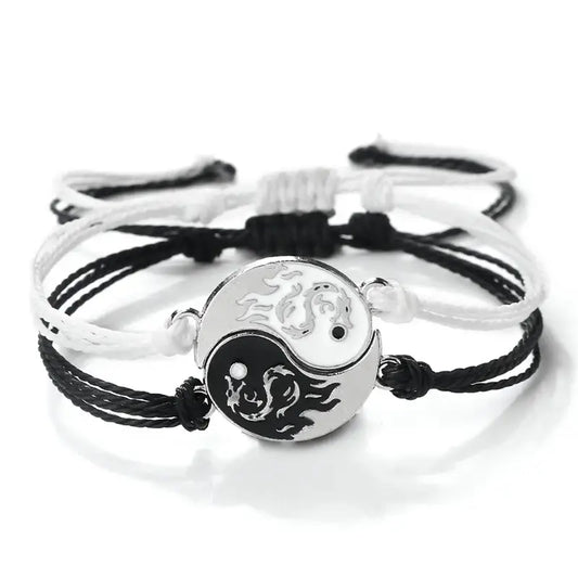 Bracelets Yin-Yang: Dragons du Feu (Corde Tressée) - Noir