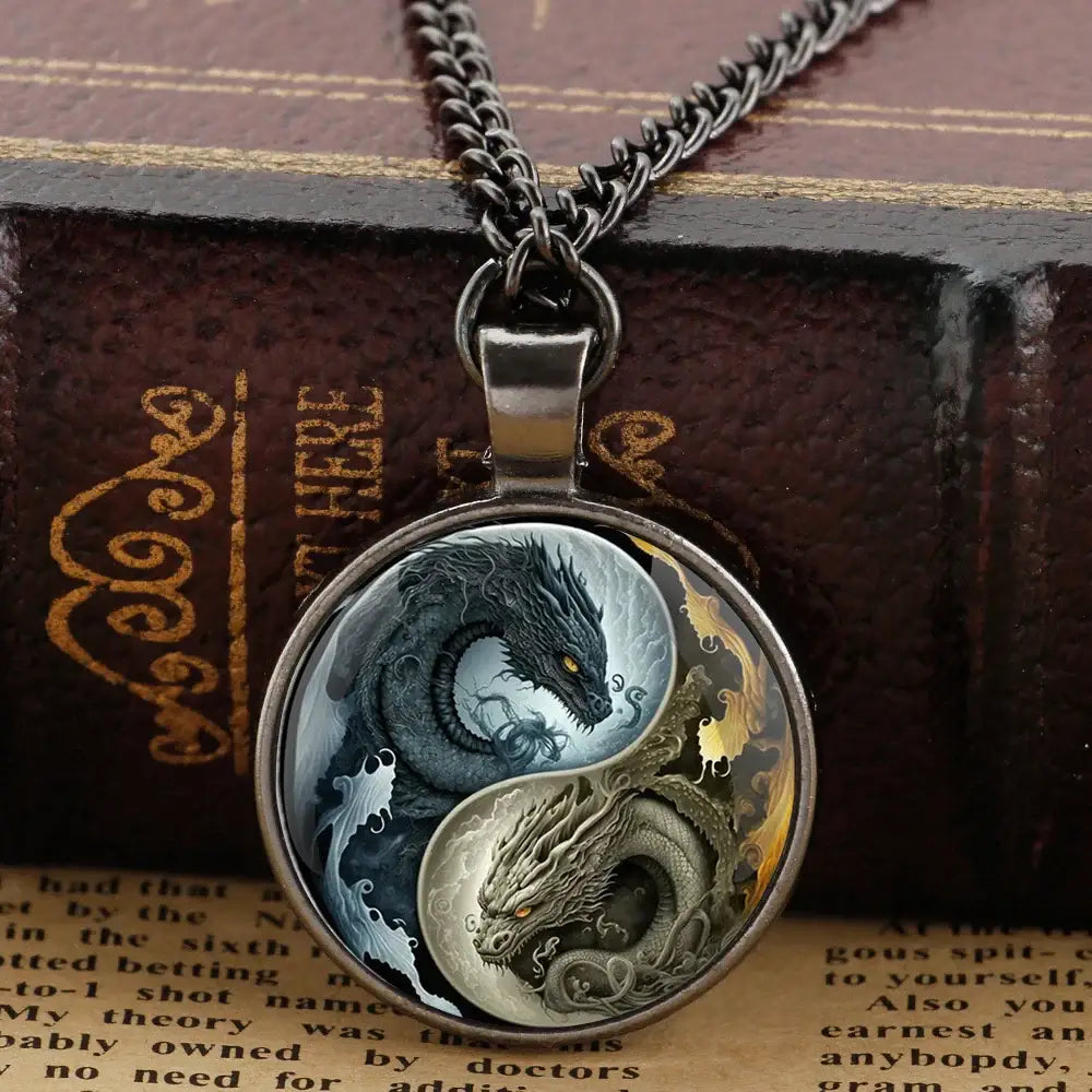 Collier et pendentif Yin-Yang: Dragons de l’Univers (Acier)