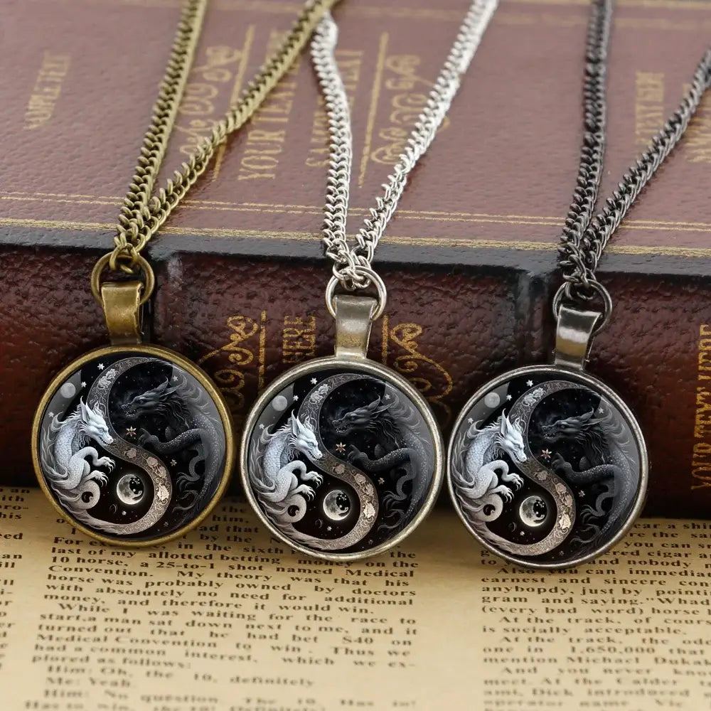 Collier et pendentif Yin-Yang: Dragons Mystiques (Acier)