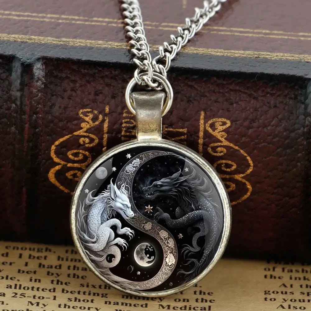 Collier et pendentif Yin-Yang: Dragons Mystiques (Acier)