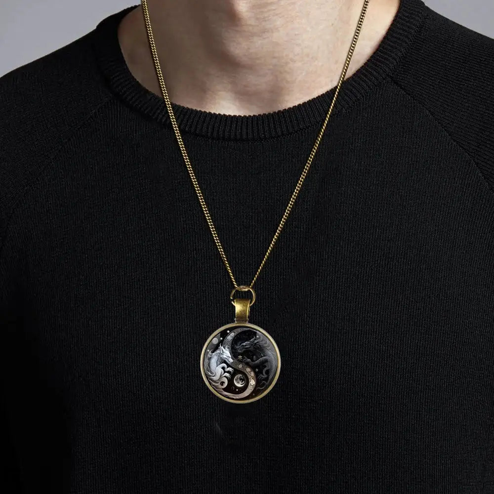 Collier et pendentif Yin-Yang: Dragons Mystiques (Acier)