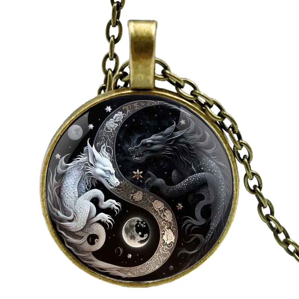 Collier et pendentif Yin-Yang: Dragons Mystiques (Acier)