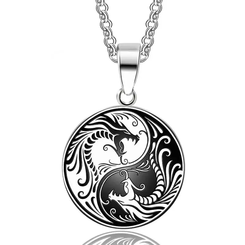 Collier et pendentif Yin-Yang: Éveil du Dragon (Acier