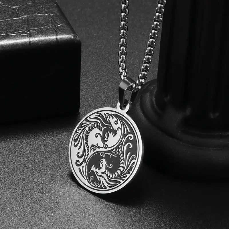 Collier et pendentif Yin-Yang: Éveil du Dragon (Acier