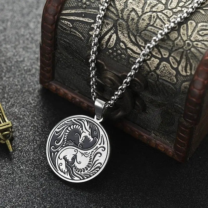 Collier et pendentif Yin-Yang: Éveil du Dragon (Acier